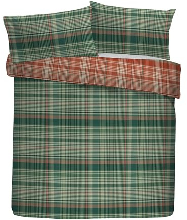 Dreams & Drapes Lodge Bennet Check Duvet Cover Set Super King 260 x 220cm – 100% Brushed Cotton Green Bedding, Traditional Check Design, Reversible