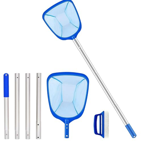 JOLYLINT Pool Kescher mit Teleskopstange 180 cm, Laubskimmer mit Poolbürste, Poolboden-Reinigungsset, Feinsieb-Skimmer, Pool Reinigungsset für Schwimmbäder, Thermalbäder, Teiche, Whirlpool, Pool