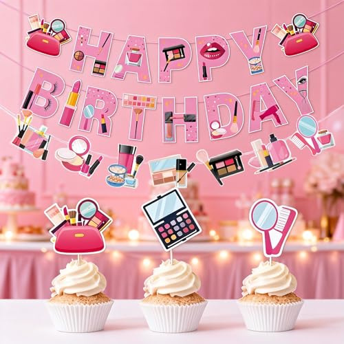 ZenyTra 38-teiliges Geburtstagsdeko Set - Happy Birthday Banner & Tortendeko (Kuchenspießer) für Frauen und Mädchen - Partydekoration mit Girlande und Make-up Motiv, Motiv-Partyzubehör