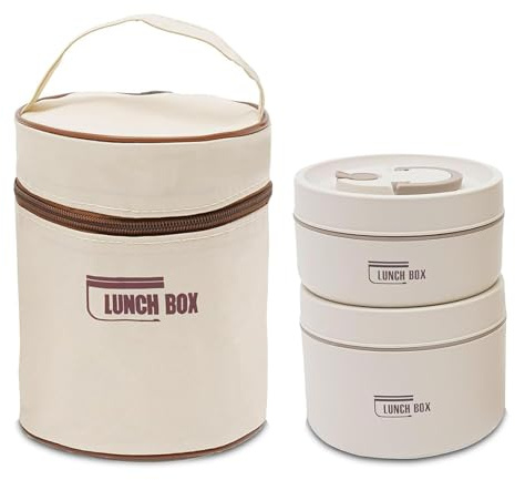 Kongming Thermobehälter für Essen mit Tasche & Besteck, 2 Stück Thermo Lunchbox Edelstahl 304, Essen Warmhalten Behälter Auslaufsicher für Zuhause, Büro, Picknick (Beige, 440ml & 600ml)