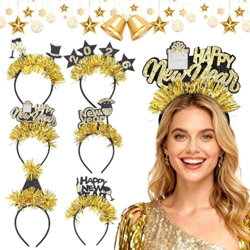 GTJEOI 6 Stück Silvester Haarreif, 2026 Neujahrs Stirnband, Happy New Year Haarreif, Glitzer Silvester Haarschmuck für Kinder Erwachsene, Party Haarschmuck Zubehör für Foto Requisiten Deko