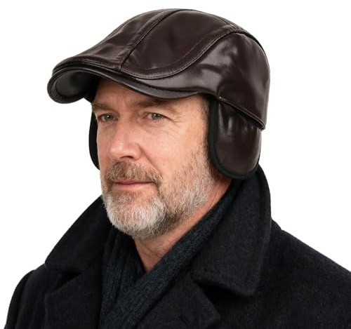 AIDIER Herren Winter PU Leder Schiebermütze mit Ohrenklappen Fleece Warme Gatsby Newsboy Cap mit Ohrenschutz Wasserdicht Barret Flatcap Einstellbare Schirmmütze Ivy Caps Fahrermütze Duckbill Caps