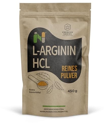 NUPA L‑Arginin HCL Pulver 450 g – 4,2 g L‑Arginin pro 5 g Portion – 90 Portionen – 100 % rein, ohne Zusätze, vegan & non‑GMO – Rohstoffe laborgeprüft – EU‑Herstellung, Beutel mit Zipper + Messlöffel