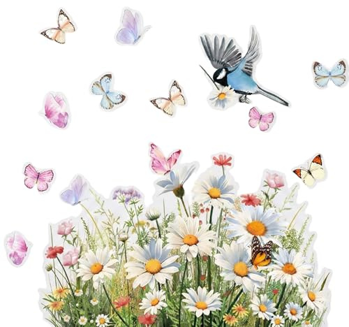 BAUCH Set di 2 Adesivi per Finestre Autoadesivi, Motivo Fiori & Uccelli, 20x30cm Adesivi Vetro per Decorazione Primaverile