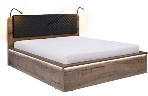 Doppellbett Reton R06 inkl. Lattenrost, Bettkasten, Bett, Farbauswahl, Modernes Ehebett, Polsterbett (Monastery Eiche/Monastery Eiche + Soft Pik 011, mit LED Beleuchtung)