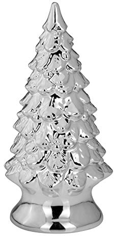 Deko Tannenbaum 21 cm mittelgroß - silberfarbene Weihnachtsbaum Figur aus Porzellan, galvanisiert & glänzend, stilvolle Winterdeko mit Standfuß für Tisch, Kommode & Fensterbank