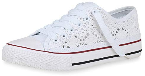 SCARPE VITA Damen Sneaker Low Spitzenstoff Turnschuhe Schnürer Freizeit Schuhe Flats Sportschuhe 166488 Weiss Spitze 38