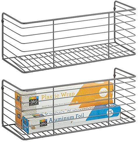 mDesign Metall-Aufbewahrungskorb zur Wandmontage zum Aufhängen in der Küche/Speisekammer – zur Aufbewahrung von Plastiktüten, Folien, Ölen, Sandwichbeuteln – 40,6 x 15,2 x 15,2 cm – 2 Stück – Graphit