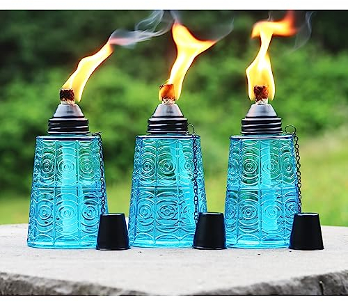 Seraphic Antorchas de mesa de citronela para patio al aire libre, antorcha de cristal decorativa de 16 onzas, velas de citronela para terraza exterior, jardín, fiestas, juego de 3, azul