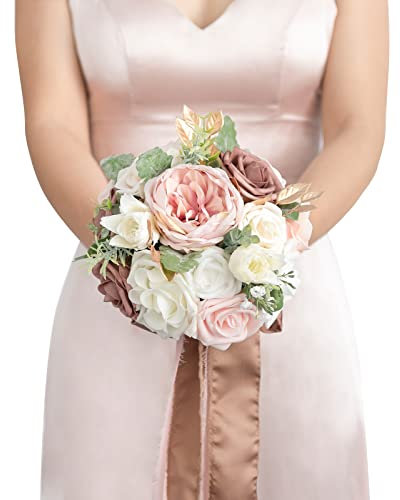 Ling's Moment künstliche Blumen rosa Brautjungfer Blumenstrauß, staubige Rose Hochzeit Blumensträuße für Brautjungfern, 7 Zoll Brautsträuße für Brautjungfern, Hochzeit, Zeremonie, Jubiläum, etc