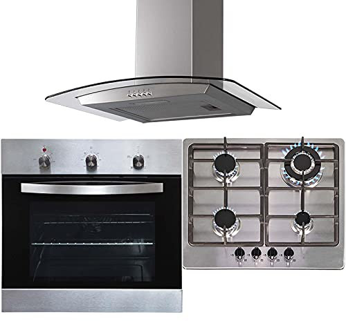 SIA SO113SS 60cm Stainless Steel Electric Single Fan Oven, SSG601SS 4 Burner Gas Hob With Cast Iron Pan Stands & CGH60SS Curved Glass Cooker Hood Fan