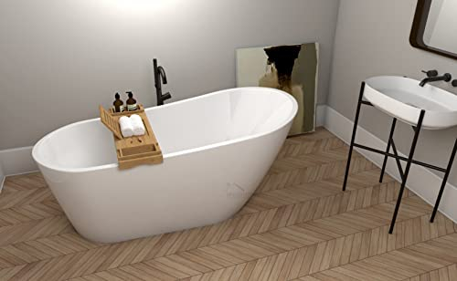 ECOLAM® exklusive freistehende Badewanne Standbadewanne moderne Wanne freistehend Elma 150x80 cm + Bambus Ablage + Ablaufgarnitur Click Clack Design Acryl glamour weiß