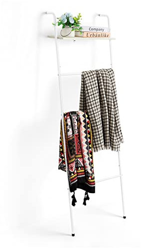 Vrisa Wall Leaning Blanket Rack, 5-Tier Metal & MDF Towel Ladder with Shelf, Rustic White