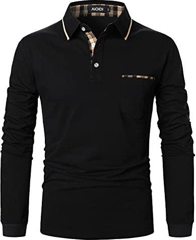 AIOIDI Polo Shirts for Men Adults Long Sleeves Casual Golf Shirt with Real Pocket,Black 1,M