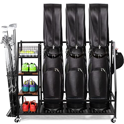 Sttoraboks Golf Storage Rack with Lockable 360° Wheels, Heavy-Duty Metal Golf Storage Organiser with Wooden Shelves & Hooks, Golf Club Stand for 3 Bags/Clubs/Shoes/Indoor/Garage, Up to 136kg/300lbs