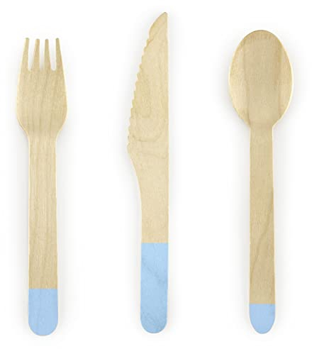 18-teilig Einwegbesteck Set Hellblau Holzgabeln Holzmesser Holzlöffel nachhaltiges Einwegbesteck Holz für Party Camping Hochzeit Geburtstag Besteck einweg aus Holz Blau