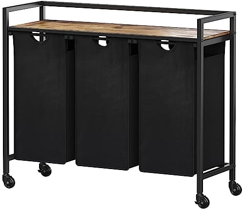 Lifewit 120L Laundry Basket on Wheels, 3 Sections Washing Basket With Large Storage Shelf and 3 Removable Laundry Bags, Triple Section Laundry Hamper for Dirty Clothes for Laundry Room Bedroom, Black
