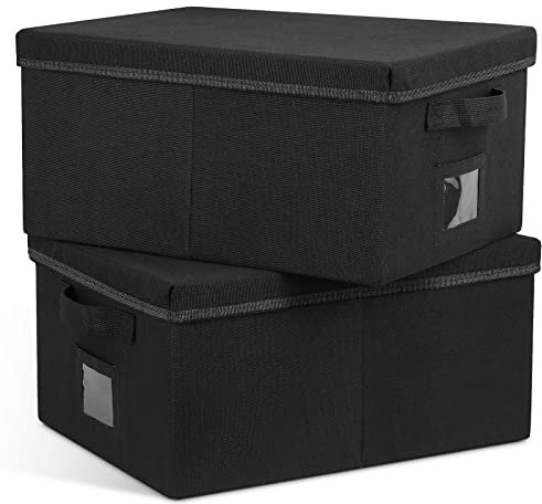 Graciadeco 22.8qt Closet Storage Boxes with Lids Black Folding Keepsake Storage Bins Stackable Flat Lidded Carboard Storage Contaner for Clothes Barbie Shoes, 2 Pack