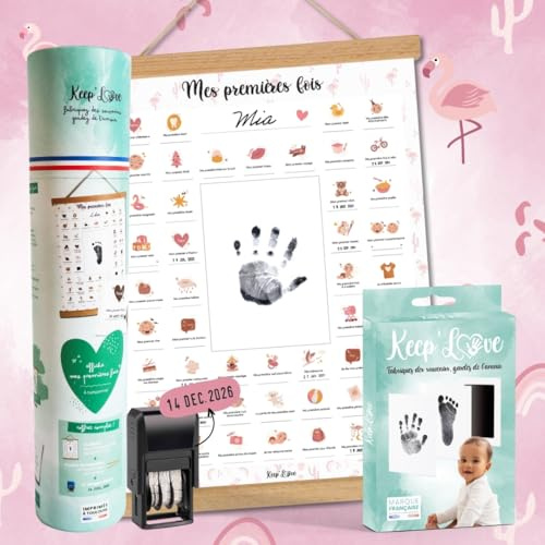 Affiche Mes Premières Fois à Tamponner, Cadeau de Naissance Bébé, Souvenir, Decoration Chambre Bebe, Baguettes, Kit Empreinte Bébé, Cadeau Jeune Maman, Grand Format A3 (Modèle FLAMANT ROSE)