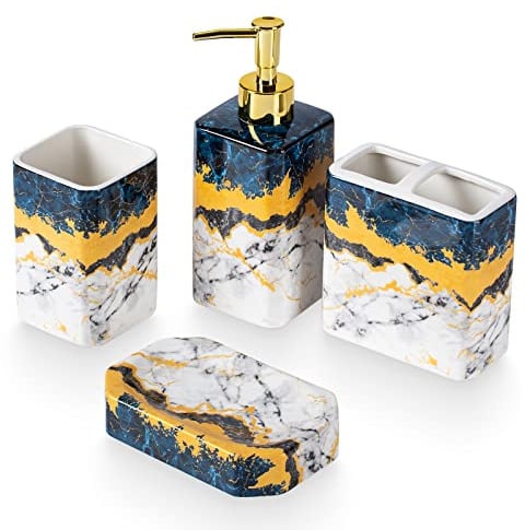 4 Piece Bathroom Accessories Set - Blue Bathroom Accessory Sets includes Lotion Dispenser, Toothbrush Holder Tumbler, and Soap Dish - Glossy Finish (Marble, Blue)