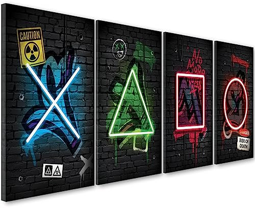 Feeby Wandbilder Spielkonsole 3D Effekt 80x30 cm 4 Teilig Schlafzimmer Modern Vlies Leinwandbilder Bild auf Leinwand Kunstdruck Wand Wanddeko Design Wohnzimmer Jugendzimmer Neon Gaming mehrfarbig