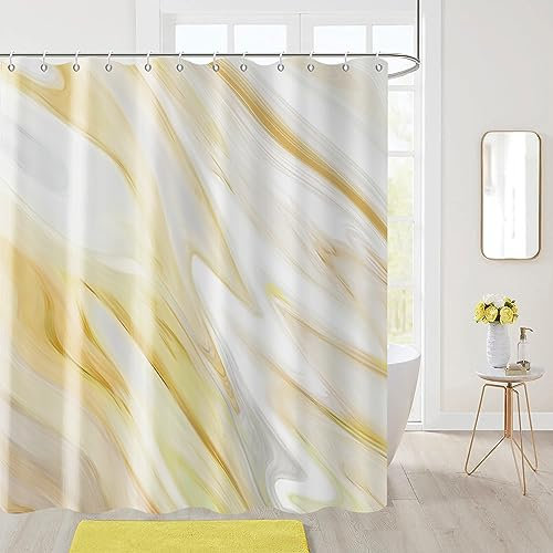 GCIREC Gelber Marmor Stall Duschvorhang, Gelb Mix Weiß Ombre Modern Abstrakt Wave Luxus Bad Vorhang Badewanne Home Decor Wasserdichtes Gewebe Maschine waschbar mit 12 PCS Haken,180x180cm