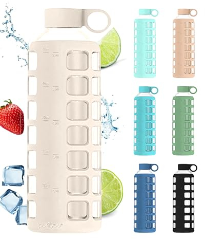 purifyou Premium 40/32/22/12oz Glas-Wasserflaschen mit Volumen & Zeiten zum Trinken, Silikonhülle & Edelstahl-Deckel-Einsatz, wiederverwendbare Flasche für Kühlschrank, Wasser, Milch, Saft (40oz