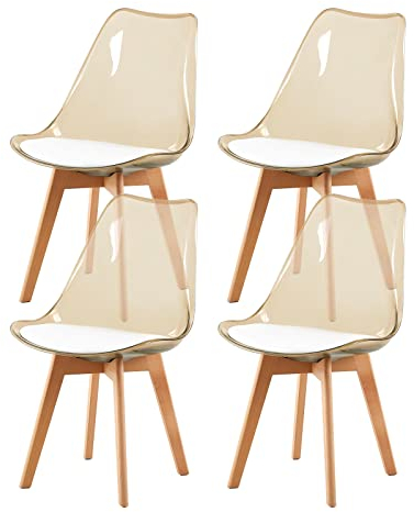 EGGREE 4er-Set Skandinavische SGS-geprüfte Esszimmerstühle, 4 Braune Transparente Küchenstühle mit Massiven Buchenbeinen und Weißem PU-Leder Sitzkissen