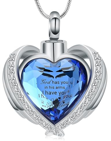 VCCWYQK Urnen-Halskette mit Kristallherz für Asche, Urnen-Halskette, Andenken für Urne als Gedenkschmuck (H-Blue-God)