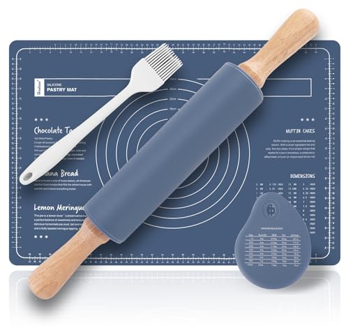 Metamorisy Wooden Rolling pin & Silicone Baking mats Set,Pastry Brushes and Dough Scraper, 38cm Dough Roller,60X40 Silicone Pastry Board,Baking Set of 4 (Blue)