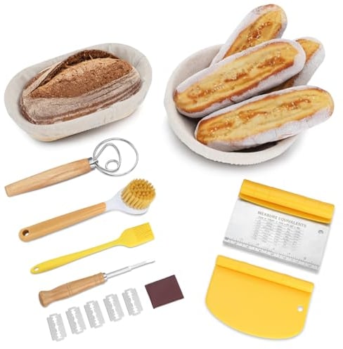 BEWOS 9-teiliges Gärkörbchen für Brot, 25 Cm Gärkorb Oval und 23 Cm Gärkorb Rund, aus Naturrattan, mit Bürste, Der Schaber und Leinenbezug, Für die Gärung von Teig