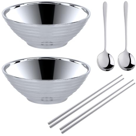 Edelstahl Ramen Schüssel Set, 900ml hochwertige 18/8 Edelstahl Suppenschüssel, mit Löffel und Stäbchen, Multifunktions-Getreideschale