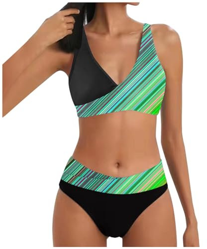 Allegorly Damen Bikini Set Triangel Breites Unterbrustband Zweiteiliger Badeanzug Wickeloptik Lace Up Bikini V Ausschnitt Blumenmuster Zweiteiliger Badeanzug Swimsuit (1D-Green, L)