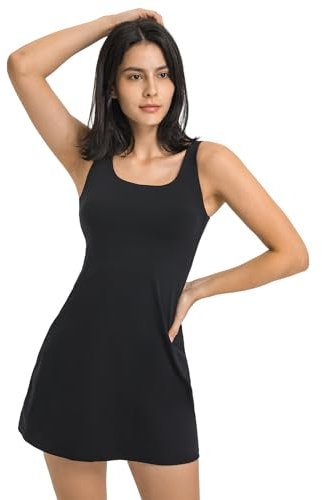 Bezioner Tenniskleid Damen,Sportkleider mit Integrierten BH und Shorts-Taschen,A-Linien Golfkleid Ärmellos Tennis Kleidung Schwarz XL