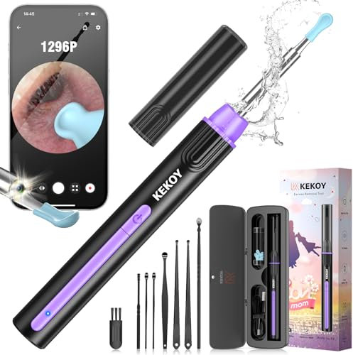 Kekoy P8 Ohrenschmalz Entferner Otoskop, 1920P HD Ohrenreiniger Kamera, IP67 Wasserdicht Wifi Ohrreiniger mit Lichtern für iOS & Android, Ohr Kamera für Erwachsene & Kinder(Schwarzviolett + Mama)