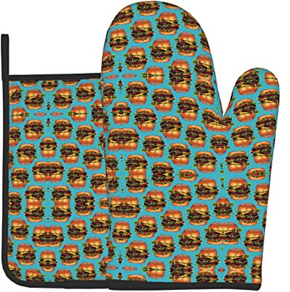 Vikeiac Doppelte Cheeseburger Hamburger-Ofenhandschuhe und Topflappen-Set, hitzebeständige Küchen-, Mikrowellen-Handschuhe zum Backen, Kochen, Grillen, Grillen