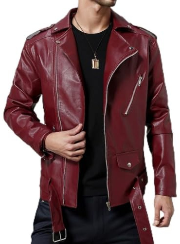 Giacca in pelle PU alla moda da uomo, perfetta per uso business casual e moto (L rosso)