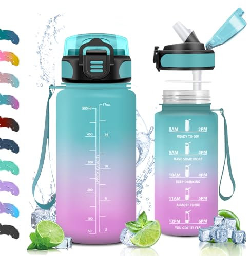 Vikaster Gourde, Gourde avec Paille 500ml, sans BPA, Étanche & Réutilisable, Bouteille Enfant Ouvrir en Un Clic, Convient pour la Gym, Le Yoga, Le Camping, Randonnée