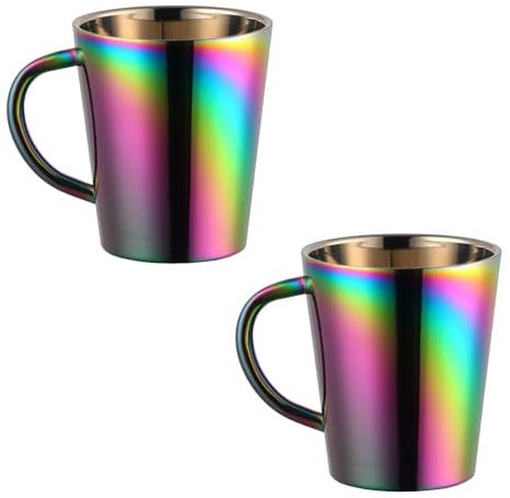 TEAHAHA Stainless Steel Coffee Mugs Set of 2, Double Walled Insulated Coffee Cups with Handles, 300ml Metal Milk Juice Mug,Dishwasher Safe (Rainbow Color)