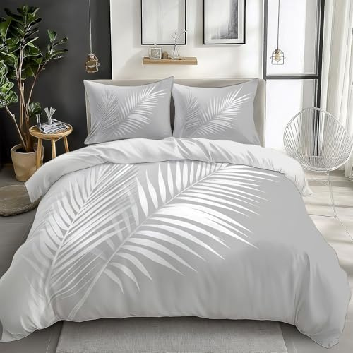 XCQHZYQ Emperor Duvet Cover Set 290x235 cm White Palm Leaves Bedding Sets Reversible Printed Quilt Cover, Comfy Soft Easy Care Non Iron Breathable Polycotton Bed Set