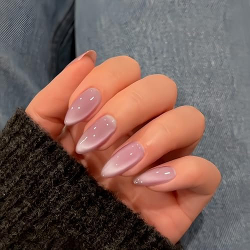Light Pink Cat Eye False Nails, SXVME Glitter Press on Nails Medium Almond, Sparkly Shiny Fake Nails Natural, Cute Bling Glass Stick on Nails for Women Daily Wear, 30 Pcs