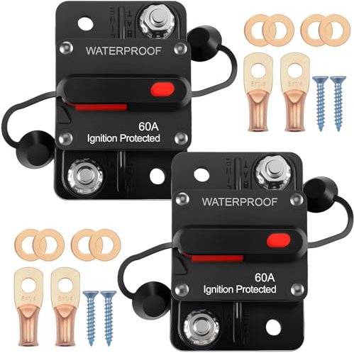 Lot de 2 disjoncteurs automatiques pour voiture 60 A 12-48 V avec réinitialisation manuelle Porte-fusible étanche pour camion, voiture, caravane, bateau (60 A)