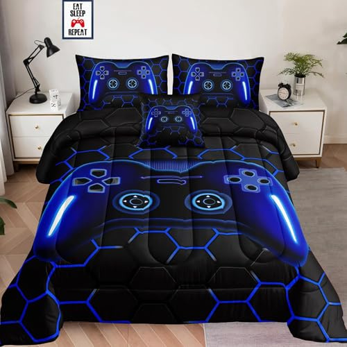 Tabeskly Boy Kids Hexagon Geometry Gaming Gamepad Gamer Bedding Single Duvet Cover Sets Bed Zipper Blue Black 135×200cm
