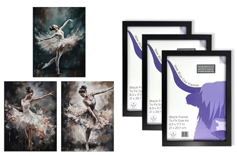 Artery8 Ballerina Wall Art - Set of 3 A4 Sized Art with Black Frames - Ballet Dancers Painting Graceful Dancing Poses