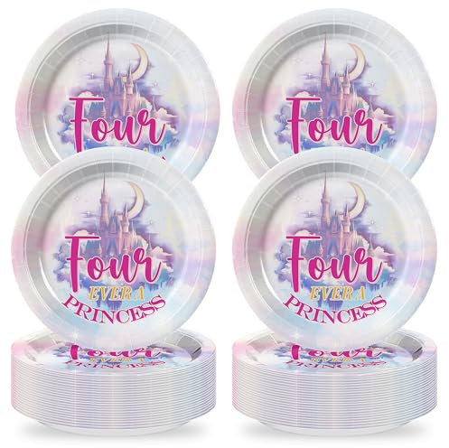 Qxcv 50Pcs Princess 4th Birthday Plates - Four Ever a Princess - Castle Birthday Party Decoration 7 X 7 Inches