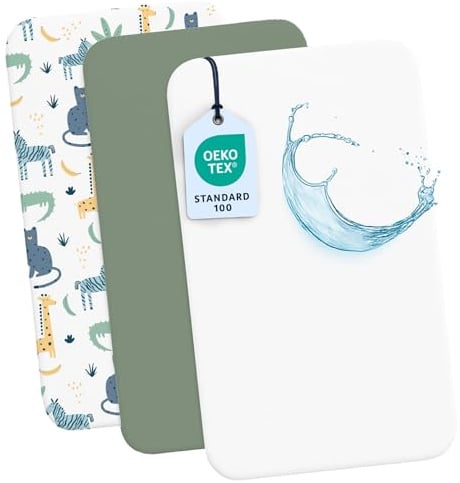 Dreamzie - 2 Sábanas Minicuna 50x83 + Protector Colchón Impermeable | Set 3 Piezas · Protector de Cuna Para Bebé · Moisés · Capazo · 100% Algodón · OEKO-TEX · Sábanas Cuna · Estampado Sabana