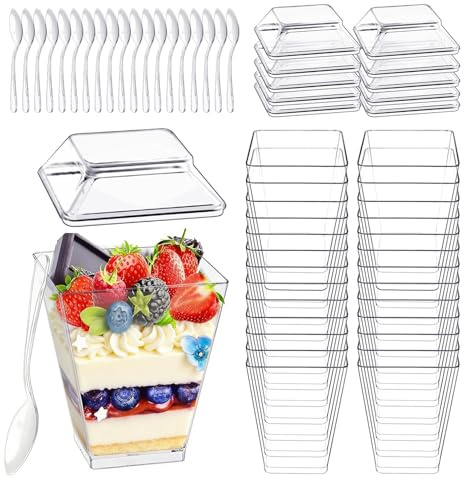 Holtrae 40 Stück Dessertgläser,5oz/160ML Plastik Desserttasse,Wiederverwendbar Quadratischer Dessertbecher,Klar Dessertschalen,Für Familiendessert Mousse Pudding Eis Buffet Hochzeiten Geburtstag Party