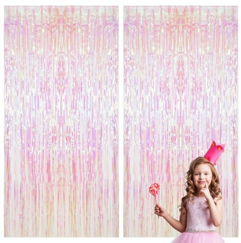 2 Pcs Lametta Vorhang Rosa Geburtstag Deko Mädchen, Tinsel Curtain | Regenbogen Glitzervorhang Lametta Hintergrund, Glitzer Party Deko Folie Fransen Vorhänge,Geburtstagsdeko für Einhorn Pyjama