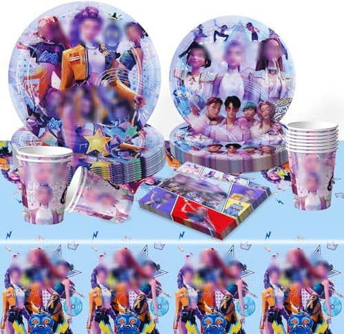 Ainvliya 51 vajilla Demon para fiesta de cumpleaños, decoración de fiesta de cumpleaños, juego de vajilla de cumpleaños, incluye mantel, platos, tazas, servilletas.