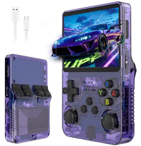 R36s Retro Handheld Game Console, Handheld Games Consoles with 3.5 Inch Ips Display and 20,000+ Classic Games, Portable Pocket R36s Game Console for Teens And Adults (64G) (Purple Translucent)